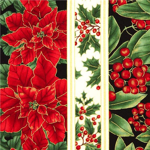 cream designer Christmas fabric poinsettia mistletoe 1