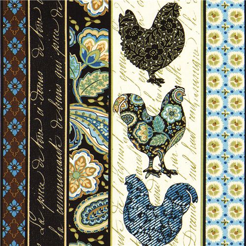 cream designer fabric with rooster & flowers in stripes 1