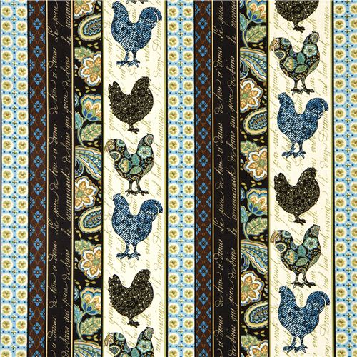 cream designer fabric with rooster & flowers in stripes 2