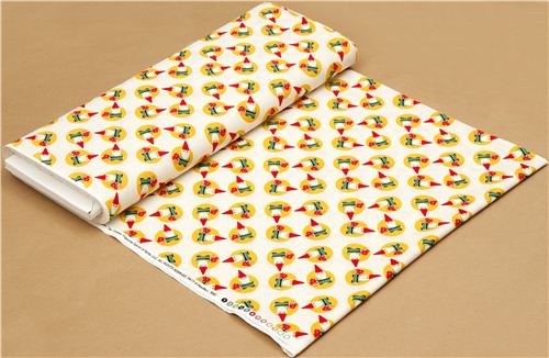creme Designer Stoff mit herumgewirbelten Zwergen & Pilzen 3