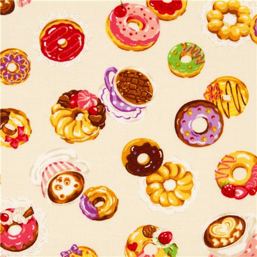 Tela tono crema, café y donuts, de Cosmo, Japón Tela