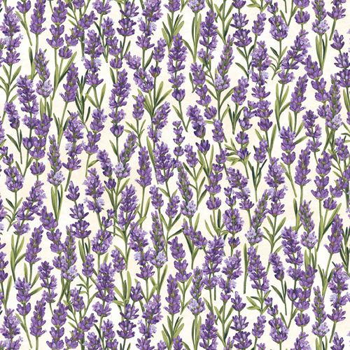 Tela crema con flores violetas de lavanda de Northcott Porcelain Tela
