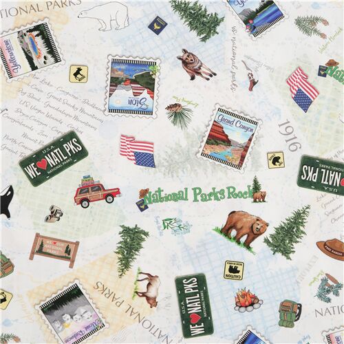 cream green USA National Parks signs fabric by Timeless Treasures Fabric