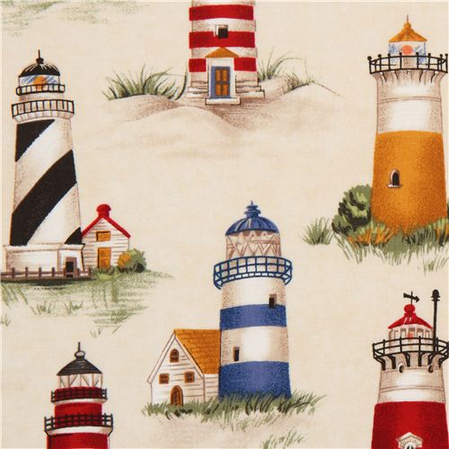 Tela crema con faros de colores Timeless Treasures Tela