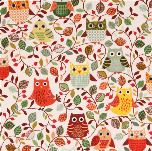 cream owl autumn forest leaf fabric by Andover USA Fabric