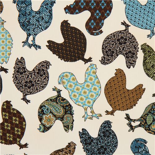 Tela color crema con gallos y gallinasTimeless Treasures USA Tela