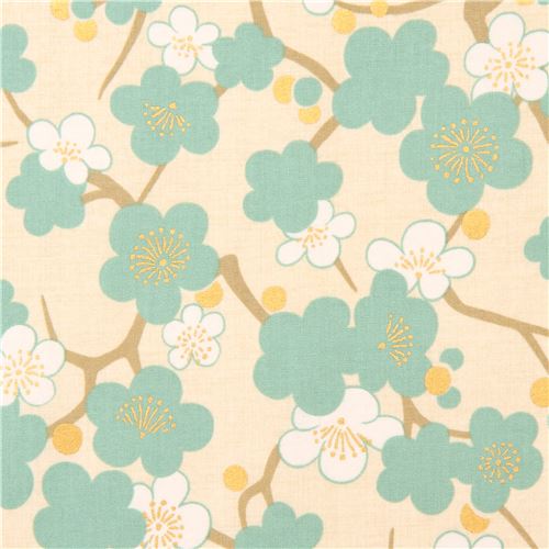 tessuto bianco fiori turchesi bianchi Asia decorazioni dorate dal Giappone Tessuto