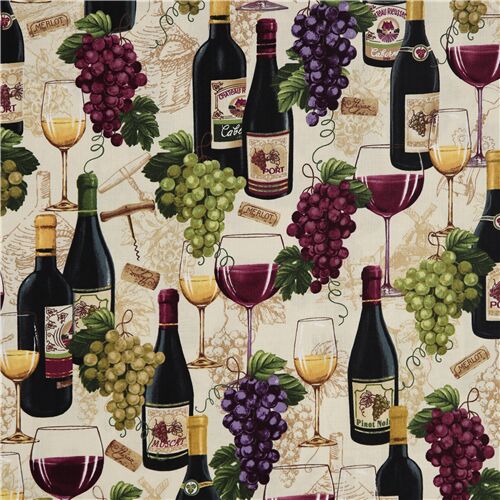 Remnant (50 x 112 cm) - cream wine bottles purple grapes cotton fabric by Timeless Treasures