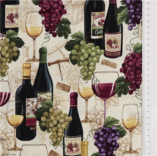 Remnant (50 x 112 cm) - cream wine bottles purple grapes cotton fabric by Timeless Treasures 3