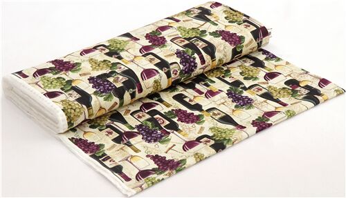 Remnant (50 x 112 cm) - cream wine bottles purple grapes cotton fabric by Timeless Treasures 4