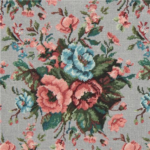Tissu linon gris avec un motif de bouquets de roses au point de croix Tissu