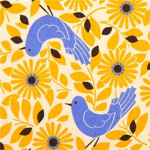 cute Kokka fabric with blue bird and yellow flowers 1
