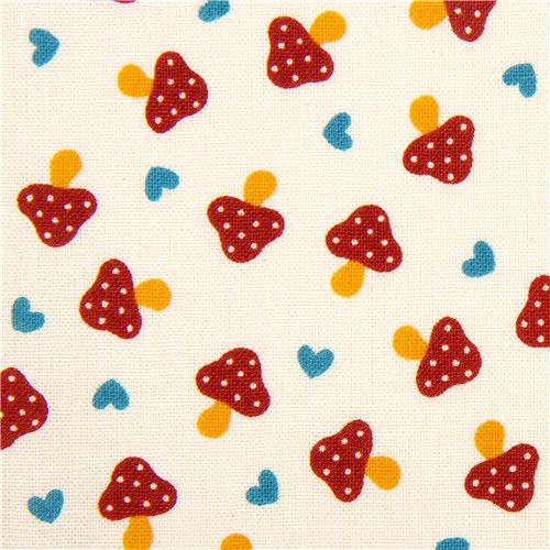 Bonita tela con setas venenosas y corazones, de Kokka, Japón Tela