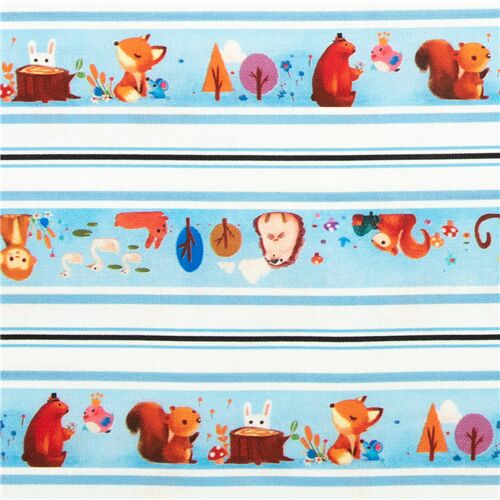 tessuto Woodland Animals strisce blu nere cotone Tessuto