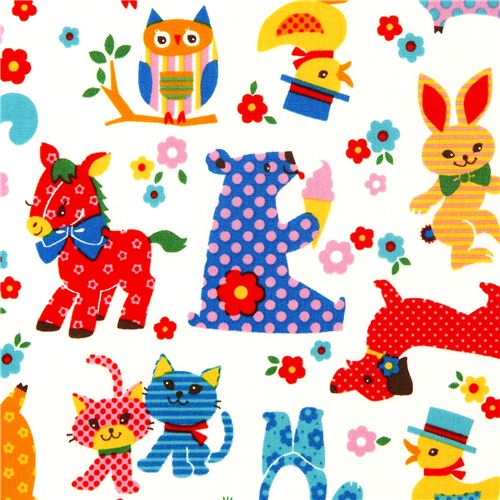 Preciosa tela de animales de Kokka, oso, gato, conejo, pony Tela