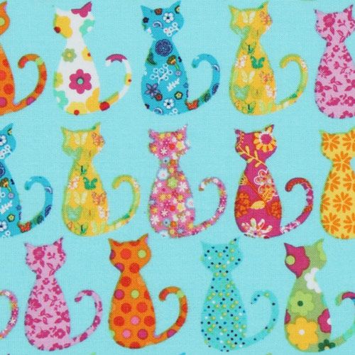 cute blue Michael Miller fabric colourful Calico Cat 1