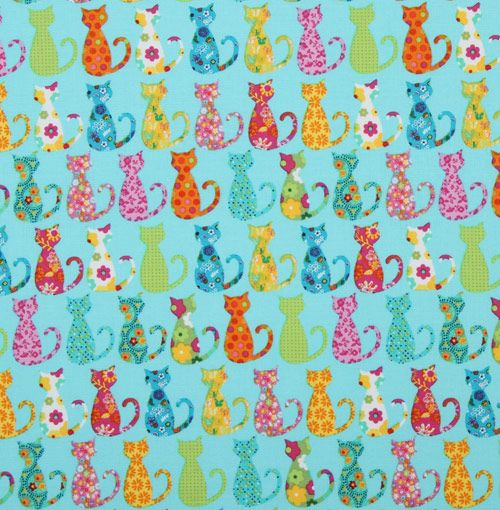 cute blue Michael Miller fabric colourful Calico Cat 2
