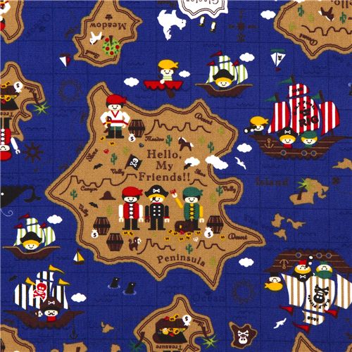 Bel tessuto per bimbi blu mappa del tesoro e pirati di Kokka Tessuto
