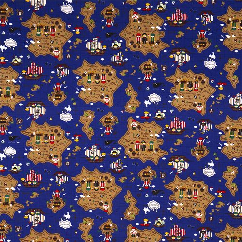cute blue pirates treasure map Kokka fabric children 2