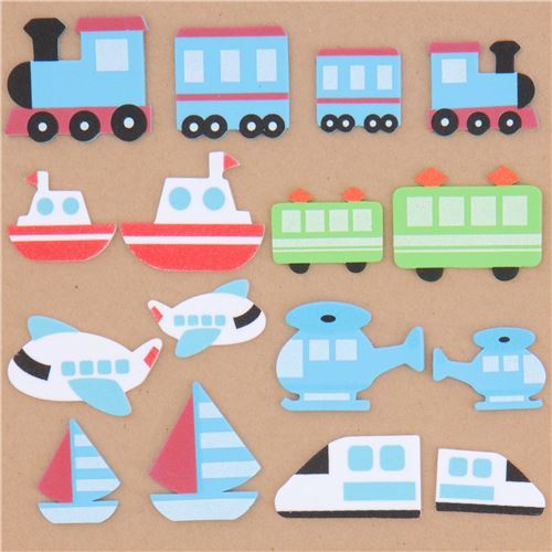 cute blue white red helicopter train boat soft sponge sticker from Japan