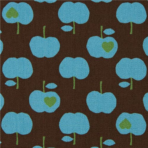 cute brown apple fabric with turquoise apples by Kokka 1