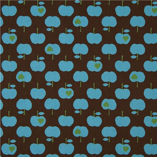 cute brown apple fabric with turquoise apples by Kokka 2