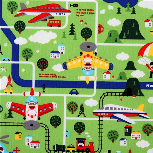 cute children map Kokka fabric from Japan green 1