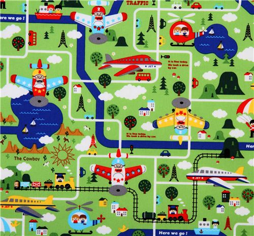 cute children map Kokka fabric from Japan green 2