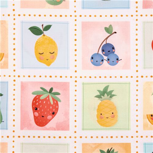 Tela algodón EE. UU. cuadros con fruta sonriente dibujo kawaii Tela
