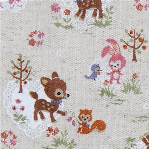 cute deer squirrel bunny Kokka linen fabric Tela