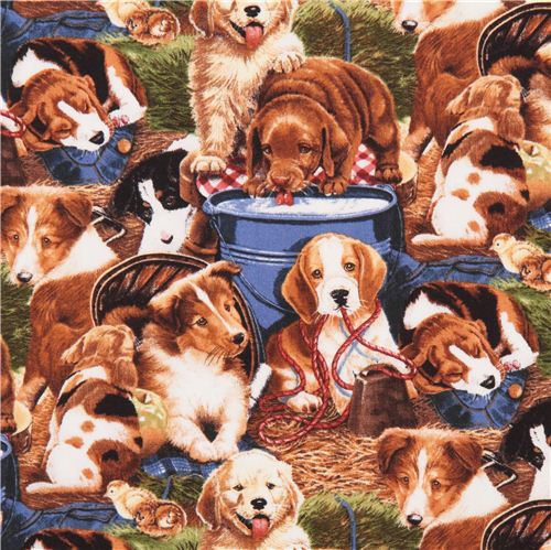 Adorable tissu avec des chiots dans une grange, Art Licensing Tissu