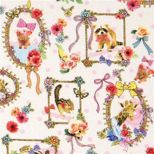 cute fabric with animals in frames and flowers by Kokka 1