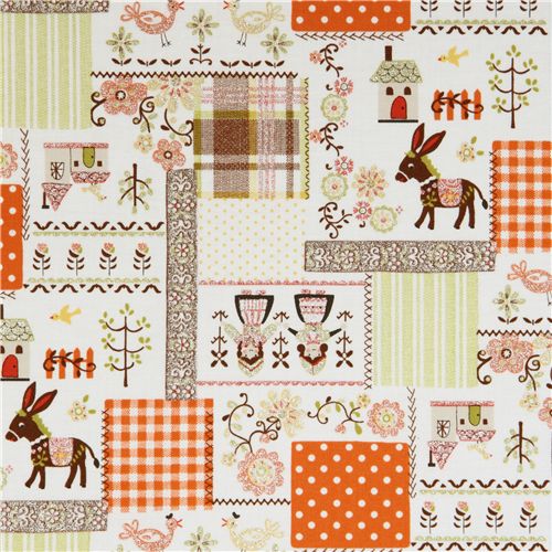 cute farm girls with donkey Japanese fabric Kokka Tela