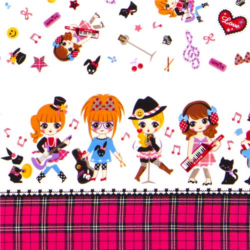cute girls rock band fabric with musical instruments 1