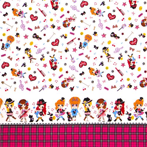 cute girls rock band fabric with musical instruments 2