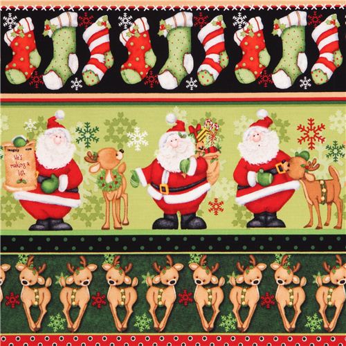Adorable tissu de Nol vert, bandes, rennes, Pres Nol, cristaux de glace,hiver Tissu