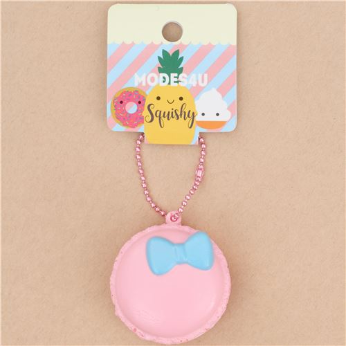 Lindo colgante blando kawaii Squishy en forma de macaron rosa lazo azul 1