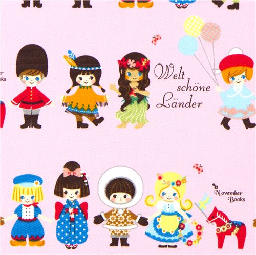 cute pink traditional dressed children fabric par Kokka 1