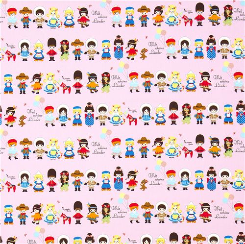 cute pink traditional dressed children fabric par Kokka 2