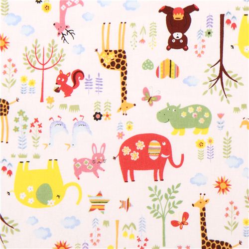 Tissu Oxford Kokka blanc, adorables animaux dans la forêt Tissu