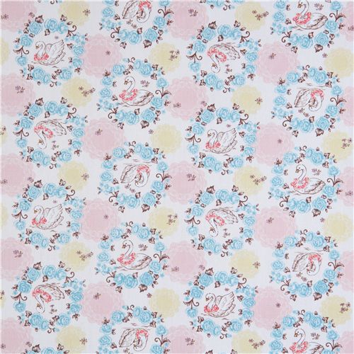 cute white swan fabric with roses de Kokka Japan 2