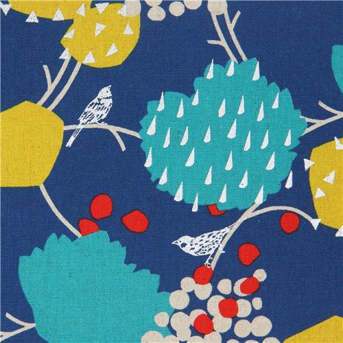 Toile echino bleu fonc avec des formes, oiseaux, dcorations argent mtallique Tissu