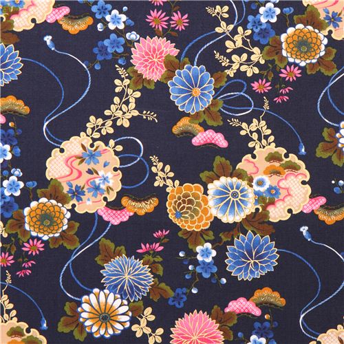 Tissu bleu fonc asiatique avec des fleurs d'Asie avec des impressions dores Tissu