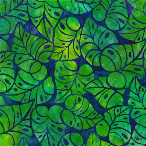 Dark Blue Batik Fabric By Robert Kaufman With Green Leaves - Modes4u