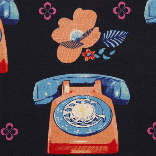 Toile bleu foncé avec un téléphone rétro par Kokka Japon Tissu