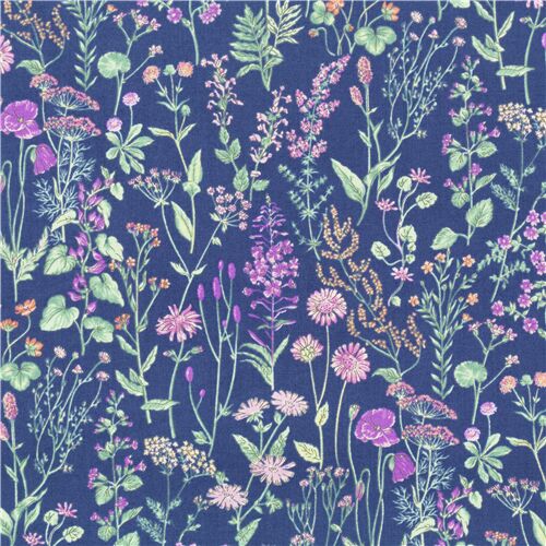 dark blue Japanese floral lawn fabric with gorgeous pink purple meadow flowers Fabric
