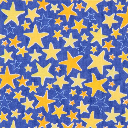 Tissu bleu foncé Robert Kaufman avec des étoiles jaune clair, orange Monsters Tissu