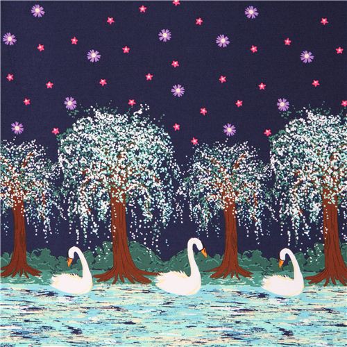 tessuto blu scuro 'Swan Lake' doppio bordo  Michael Miller  Tessuto