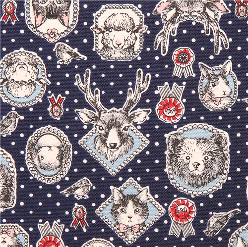 dunkelblauer Tier Rahmen Oxford Stoff Kokka Katze Bär Hirsch Stoff
