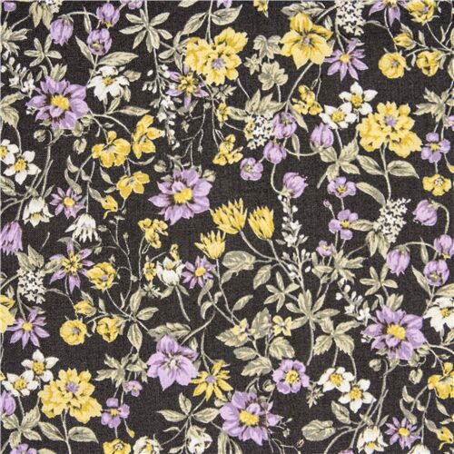 Dunkelblauer Baumwoll-Rasenstoff lila gelbe Blumen Japan Stoff